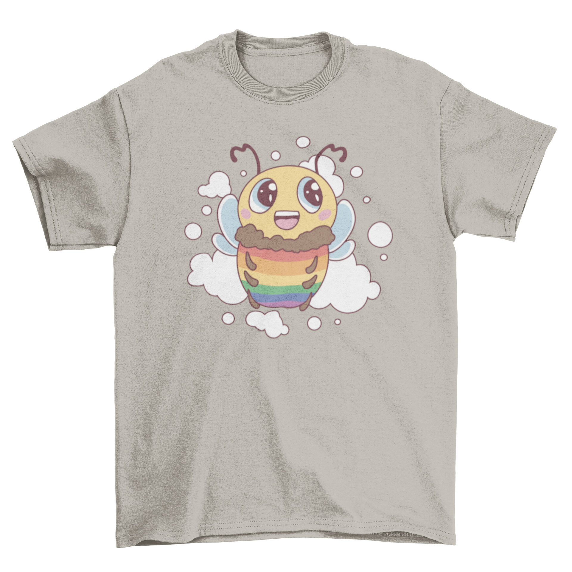 A colorful t-shirt featuring a cute bee design with the LGBT flag colors, symbolizing pride and inclusivity.