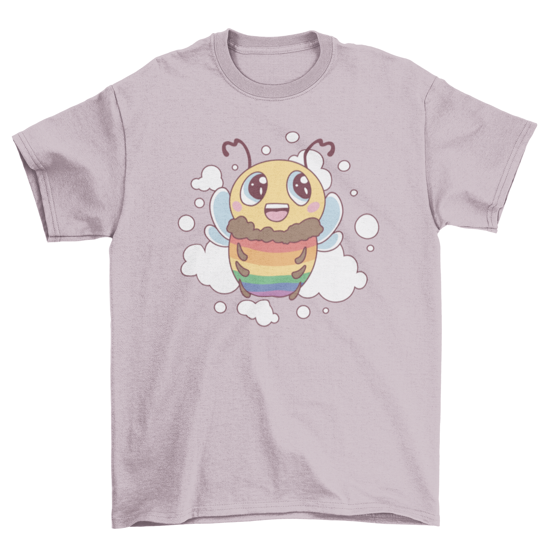 A colorful t-shirt featuring a cute bee design with the LGBT flag colors, symbolizing pride and inclusivity.