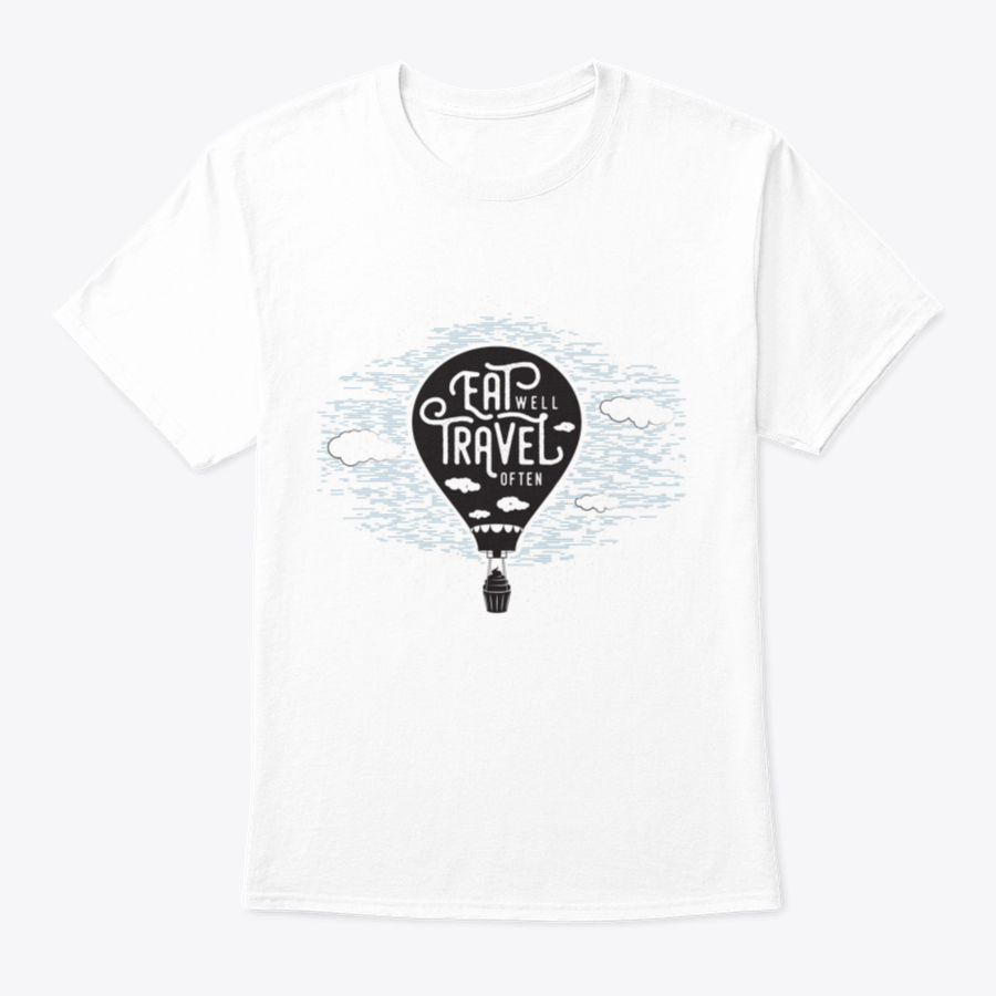 A whimsical t-shirt featuring a cupcake riding a balloon in the sky with clouds, showcasing a playful and colorful design.