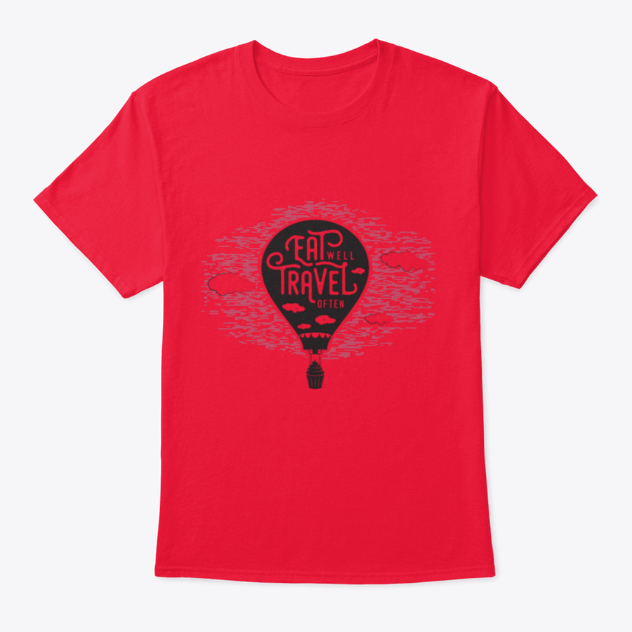 A whimsical t-shirt featuring a cupcake riding a balloon in the sky with clouds, showcasing a playful and colorful design.