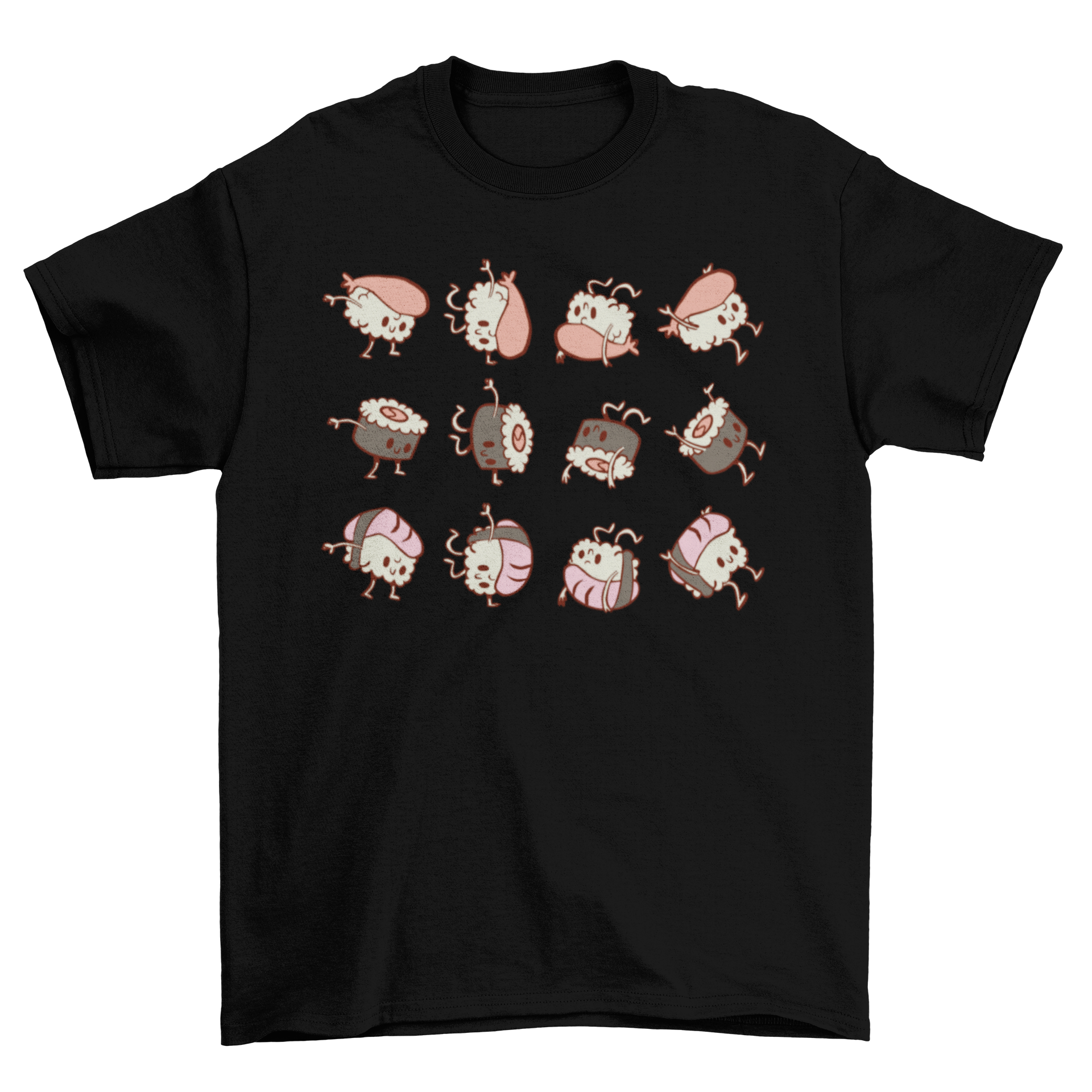 Cute t-shirt featuring various sushi rolls like maki and nigiri with playful faces and positions.