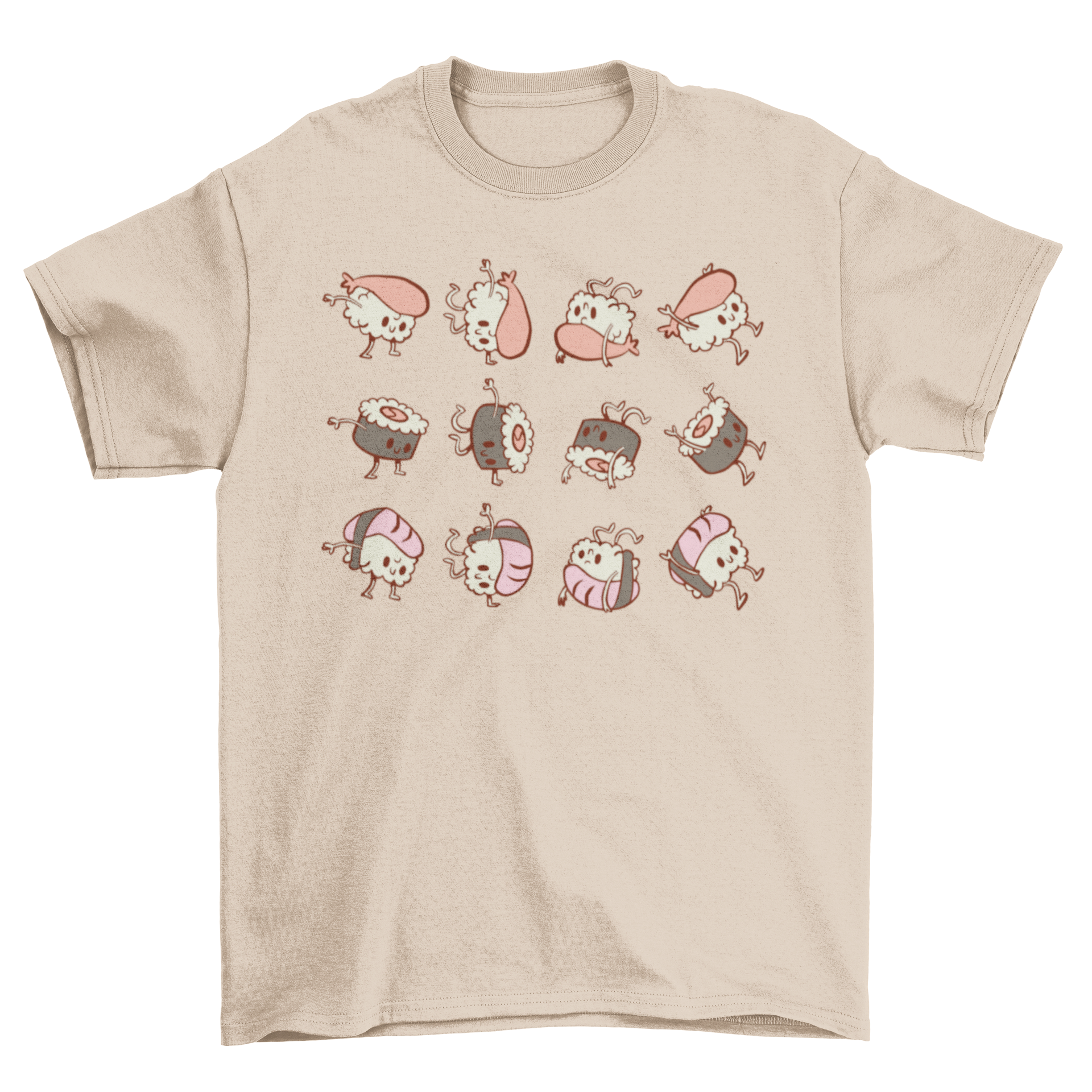 Cute t-shirt featuring various sushi rolls like maki and nigiri with playful faces and positions.