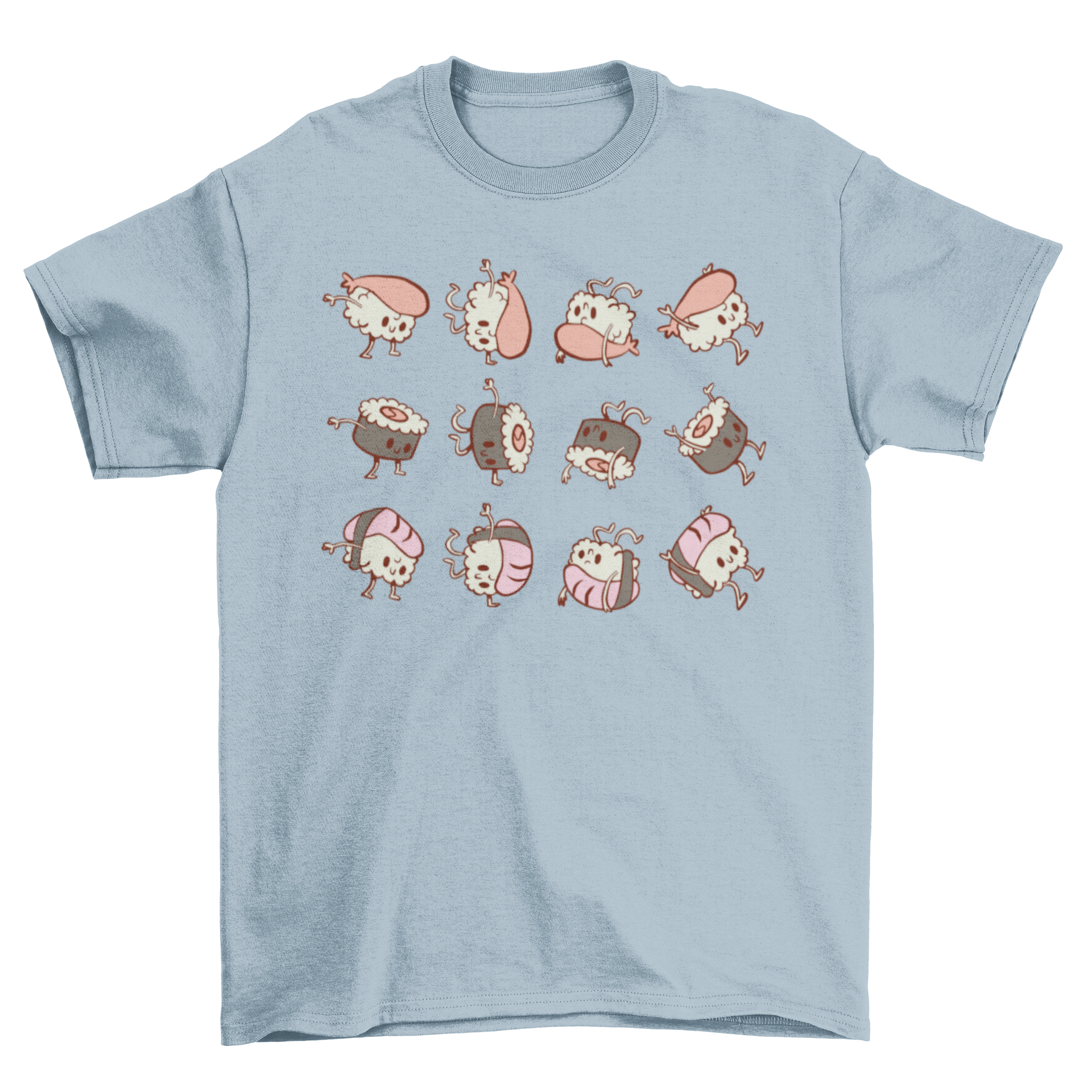 Cute t-shirt featuring various sushi rolls like maki and nigiri with playful faces and positions.