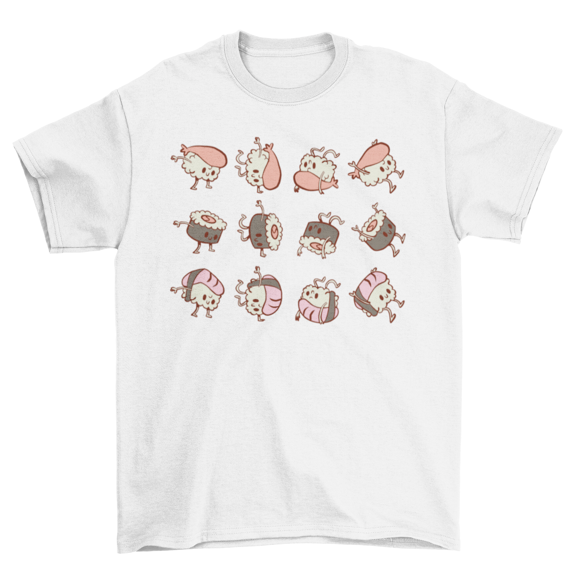Cute t-shirt featuring various sushi rolls like maki and nigiri with playful faces and positions.