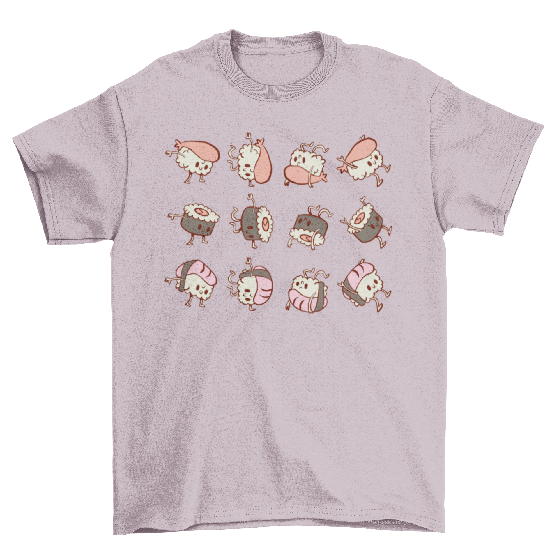 Cute t-shirt featuring various sushi rolls like maki and nigiri with playful faces and positions.
