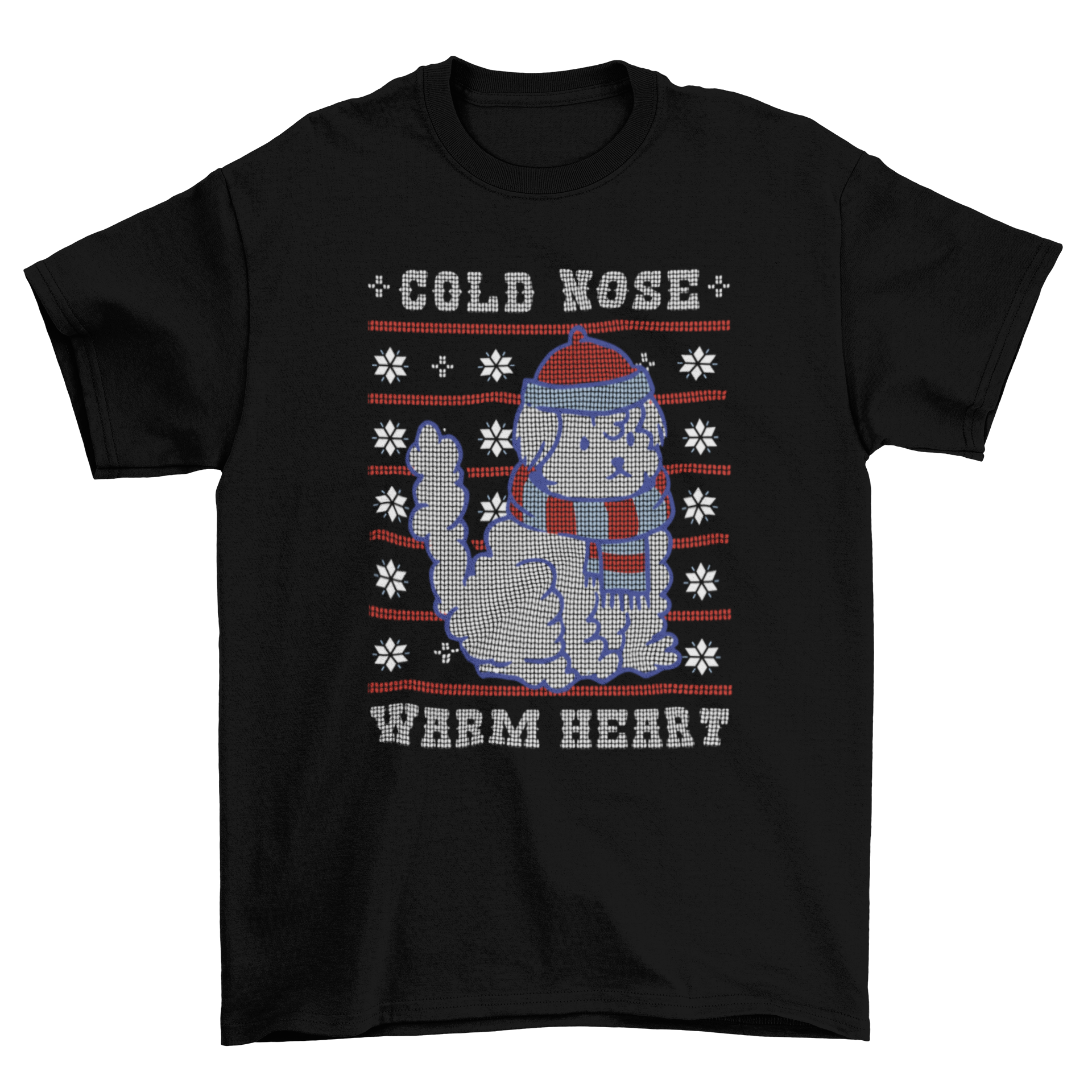 Cute dog wearing winter clothes on a t-shirt with the quote 'Cold nose warm heart' for Christmas.