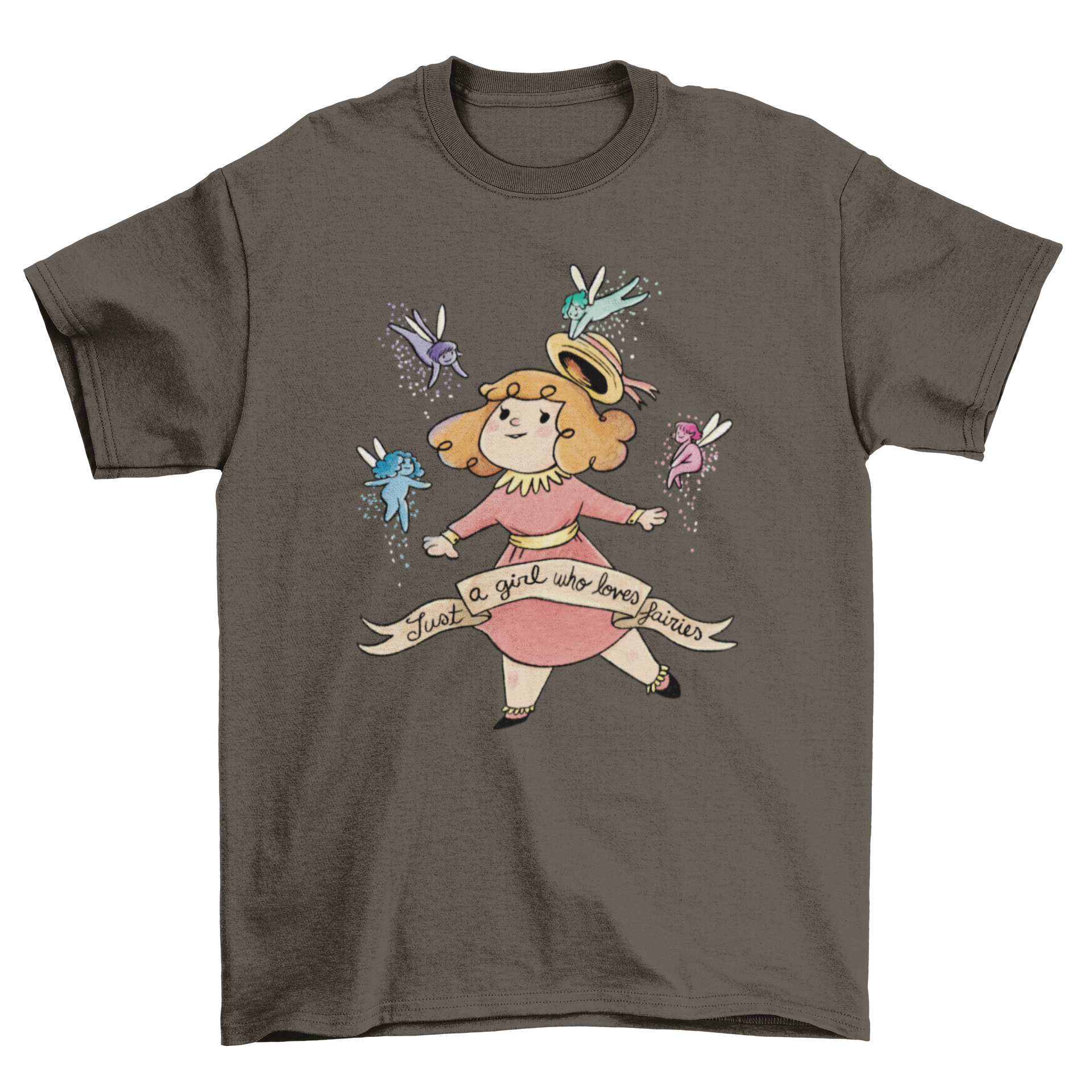 Cute t-shirt featuring a little girl playing with fairies and the quote 'Just a girl who loves fairies'.
