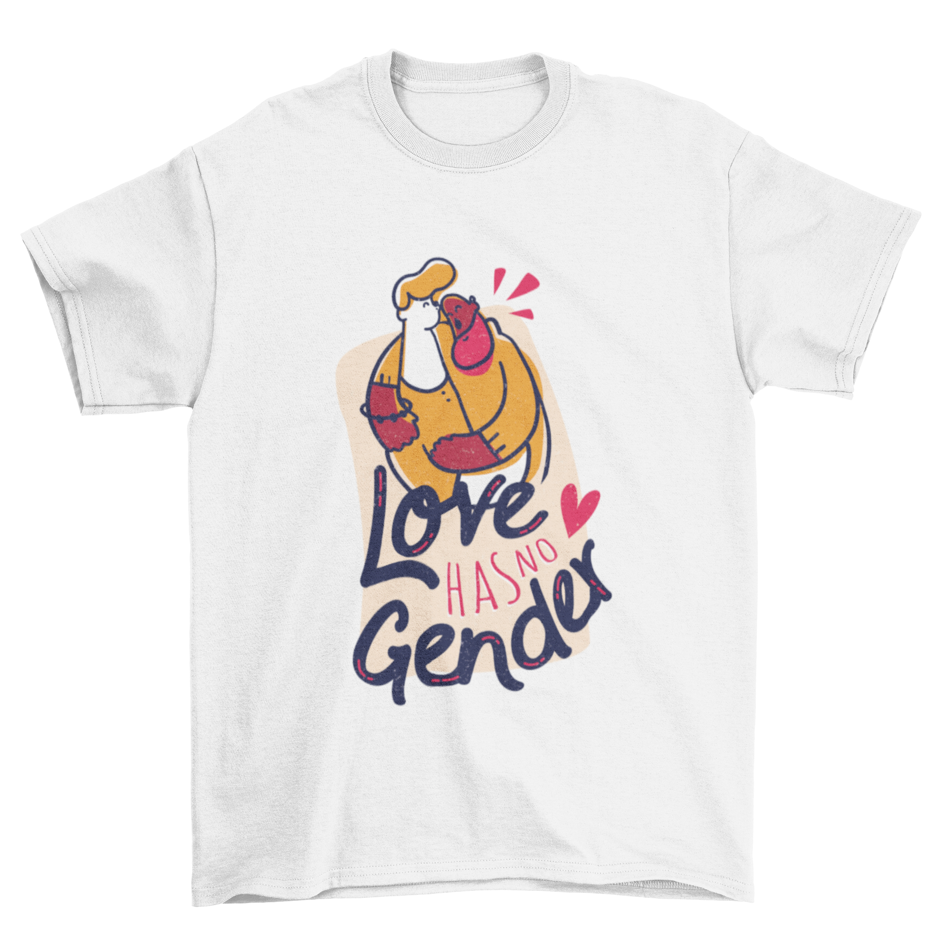 Cute Gay Pride t-shirt featuring two people hugging with the quote 'Love has no gender' and a heart illustration.