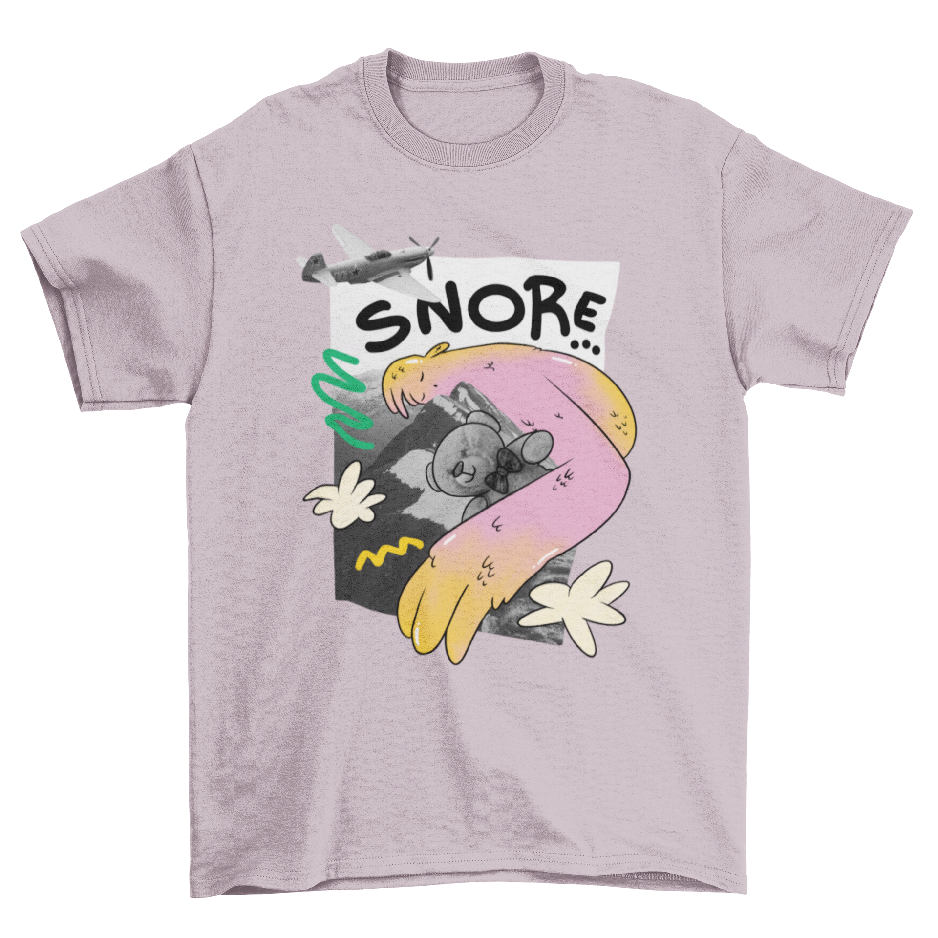 A colorful t-shirt featuring a giant teddy bear sleeping on a mountain with the quote 'Snore'.