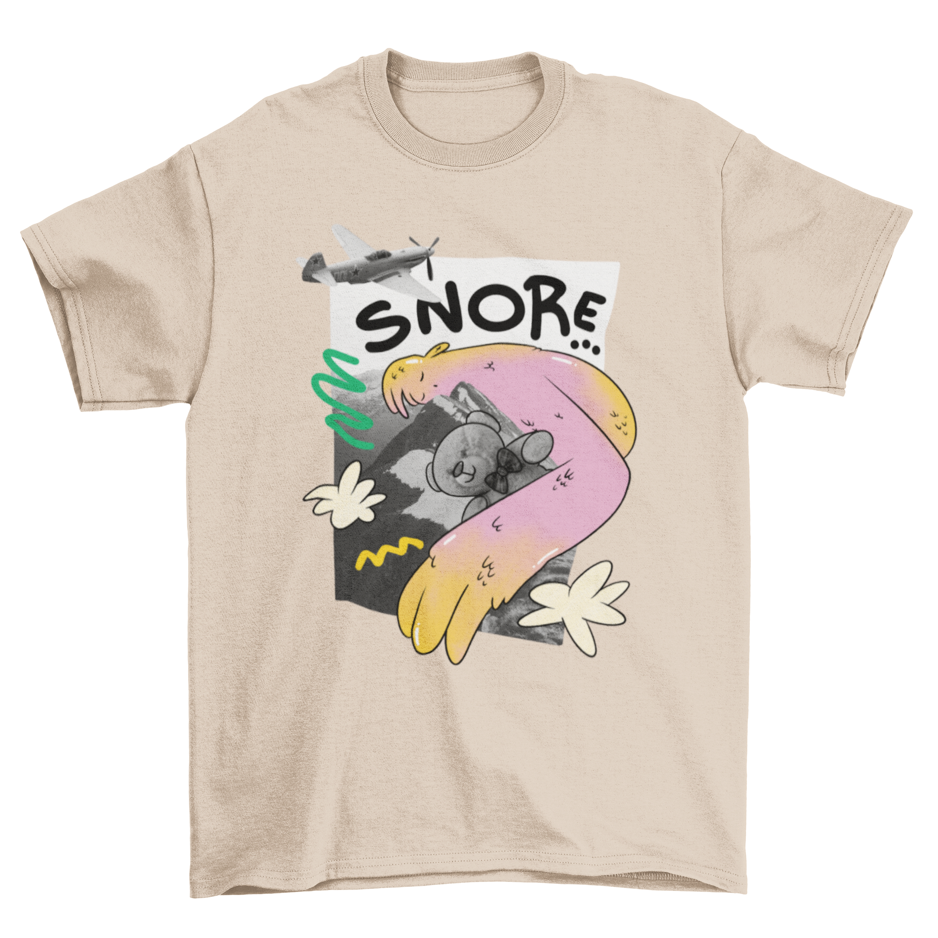 A colorful t-shirt featuring a giant teddy bear sleeping on a mountain with the quote 'Snore'.