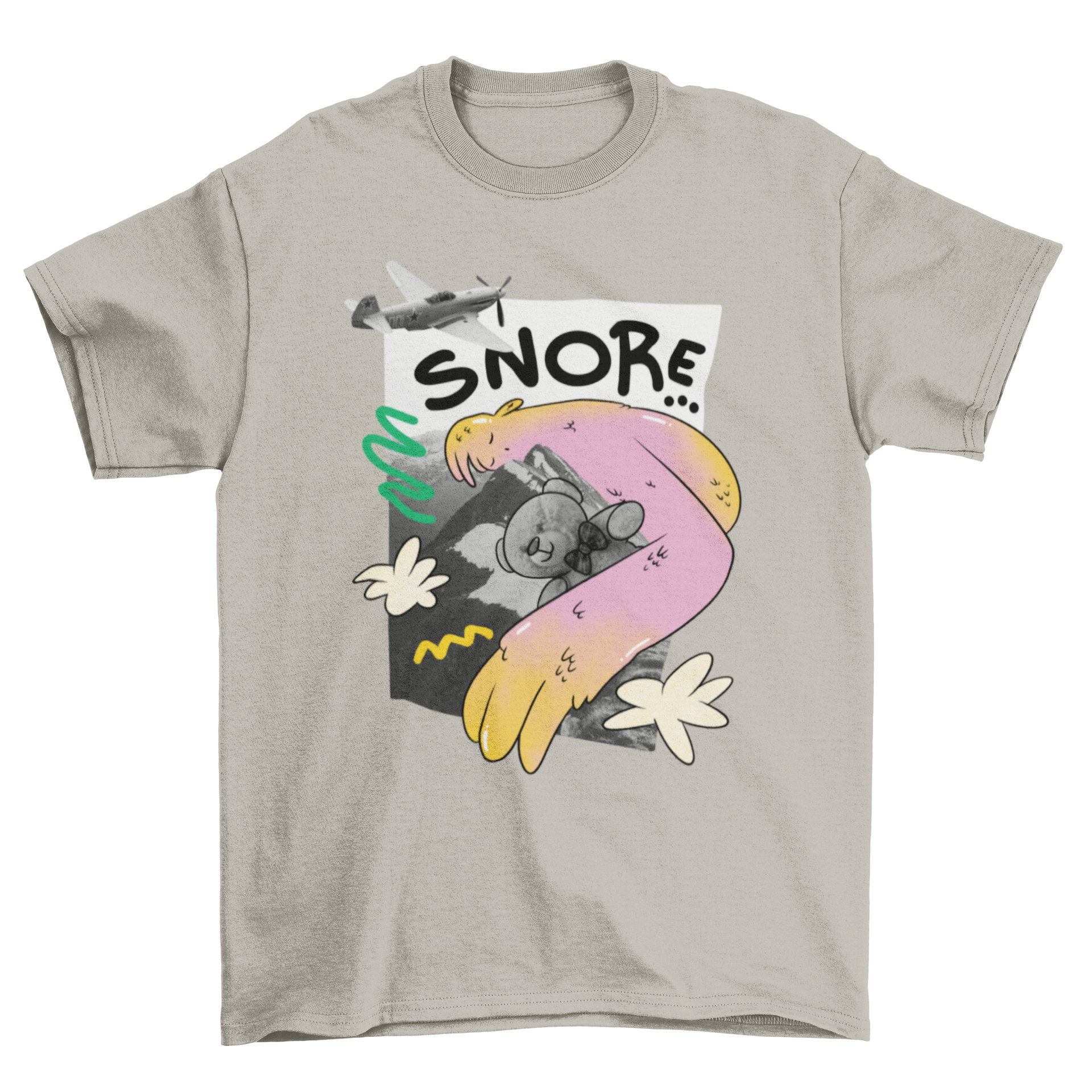 A colorful t-shirt featuring a giant teddy bear sleeping on a mountain with the quote 'Snore'.