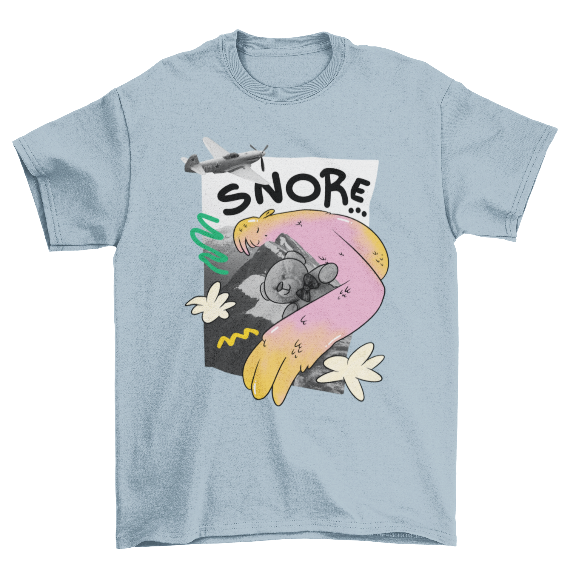A colorful t-shirt featuring a giant teddy bear sleeping on a mountain with the quote 'Snore'.