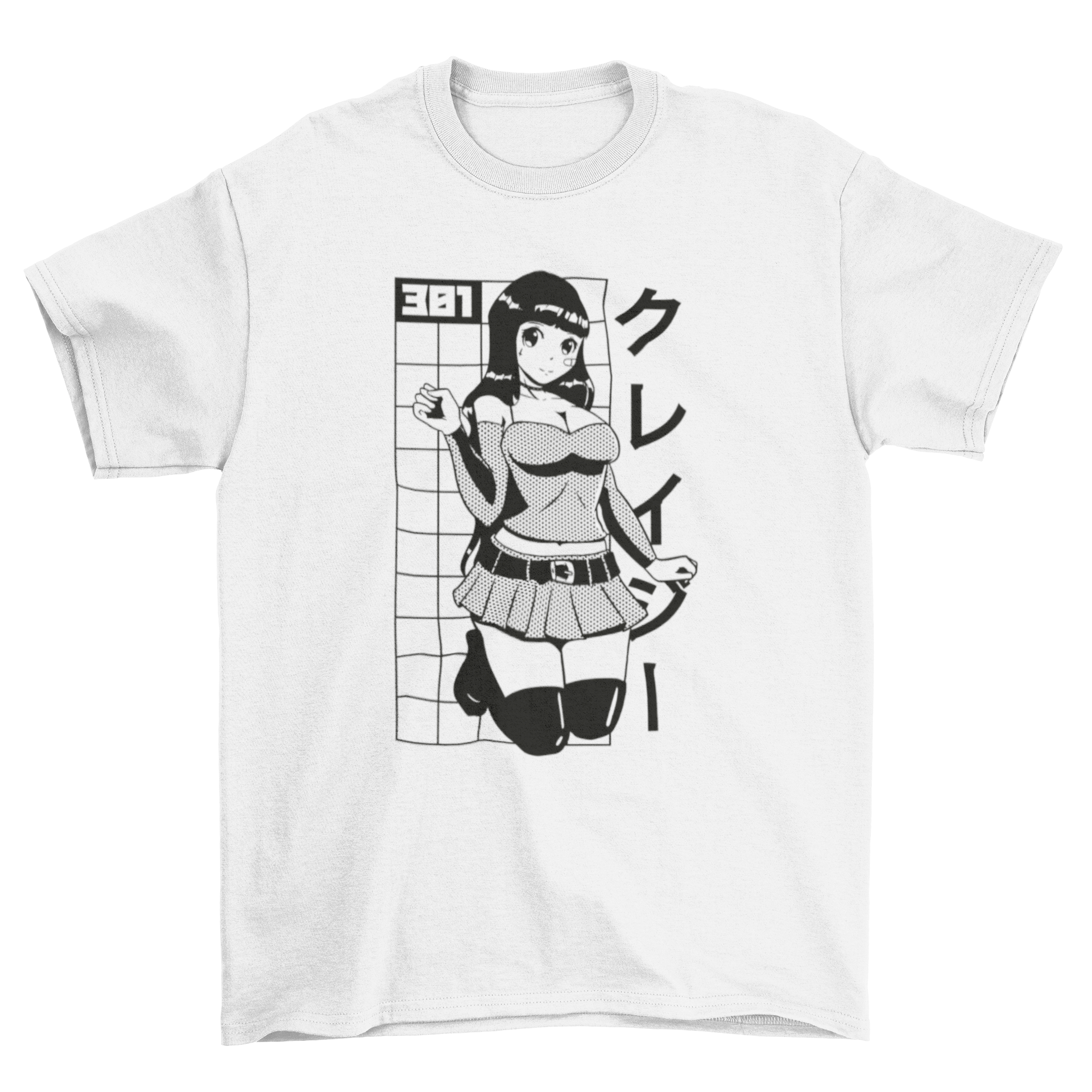 Cute girl anime t-shirt design featuring a girl in a playful pose with a Japanese quote.