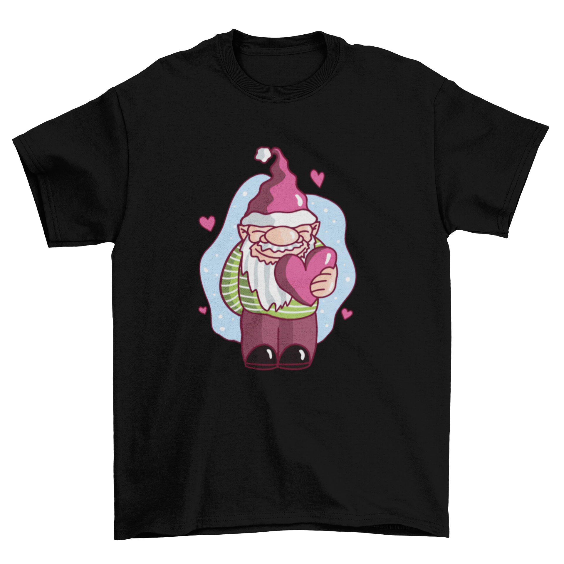 A cute gnome t-shirt design featuring a gnome holding a heart, showcasing a whimsical and charming illustration.