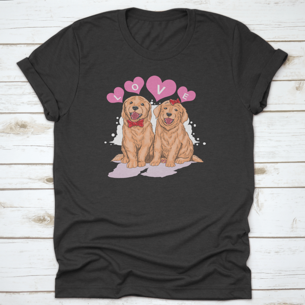A cute shirt featuring a Golden Retriever design surrounded by hearts and the word 'Love', perfect for dog lovers.