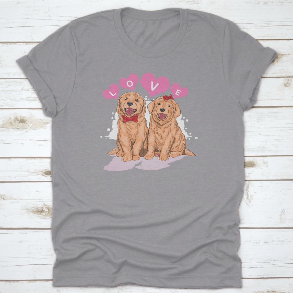 A cute shirt featuring a Golden Retriever design surrounded by hearts and the word 'Love', perfect for dog lovers.