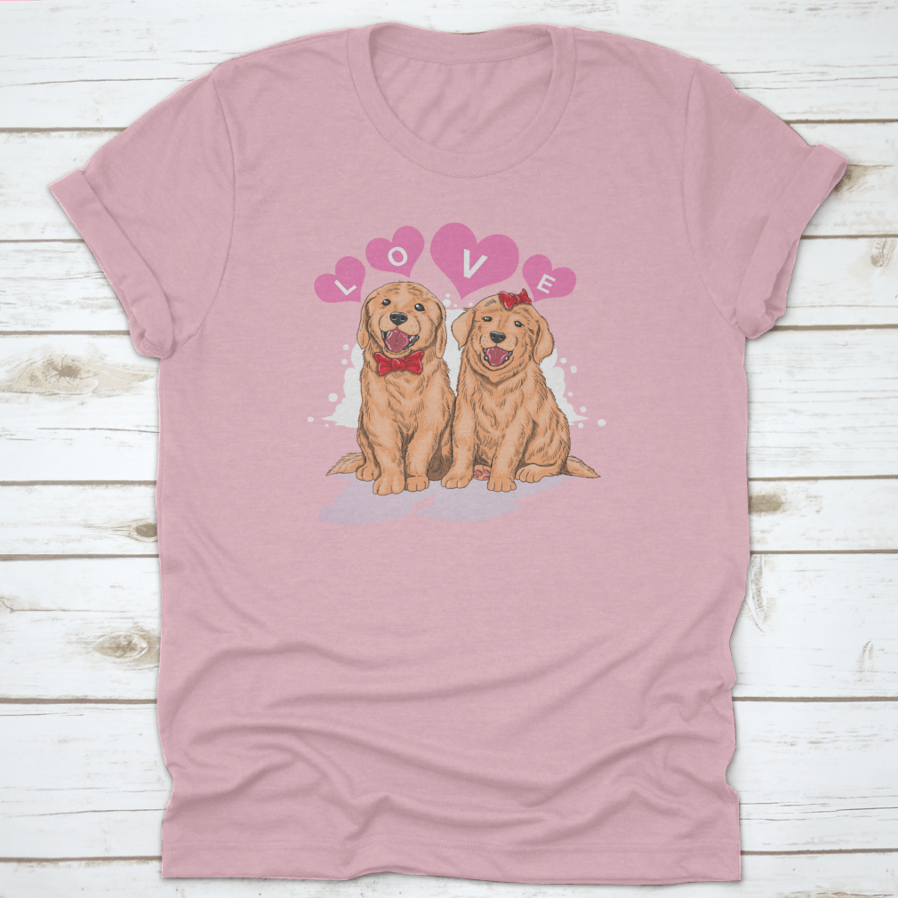 A cute shirt featuring a Golden Retriever design surrounded by hearts and the word 'Love', perfect for dog lovers.