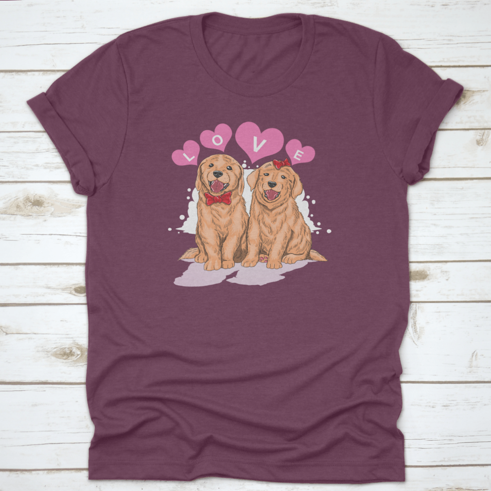 A cute shirt featuring a Golden Retriever design surrounded by hearts and the word 'Love', perfect for dog lovers.