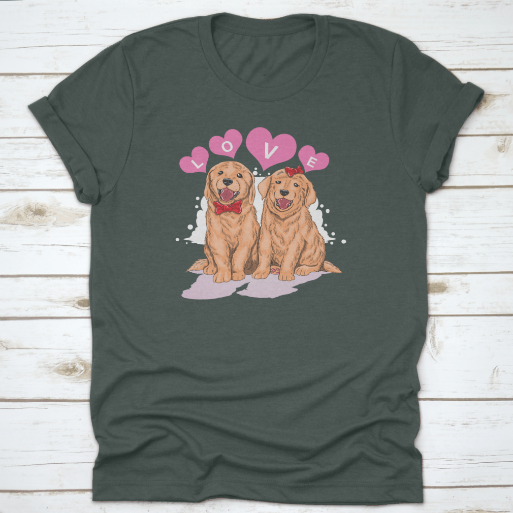 A cute shirt featuring a Golden Retriever design surrounded by hearts and the word 'Love', perfect for dog lovers.