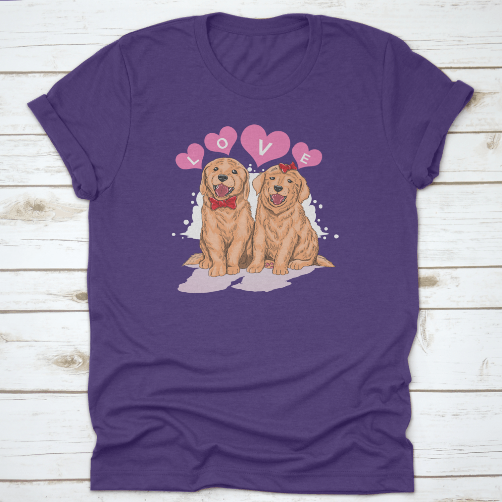 A cute shirt featuring a Golden Retriever design surrounded by hearts and the word 'Love', perfect for dog lovers.