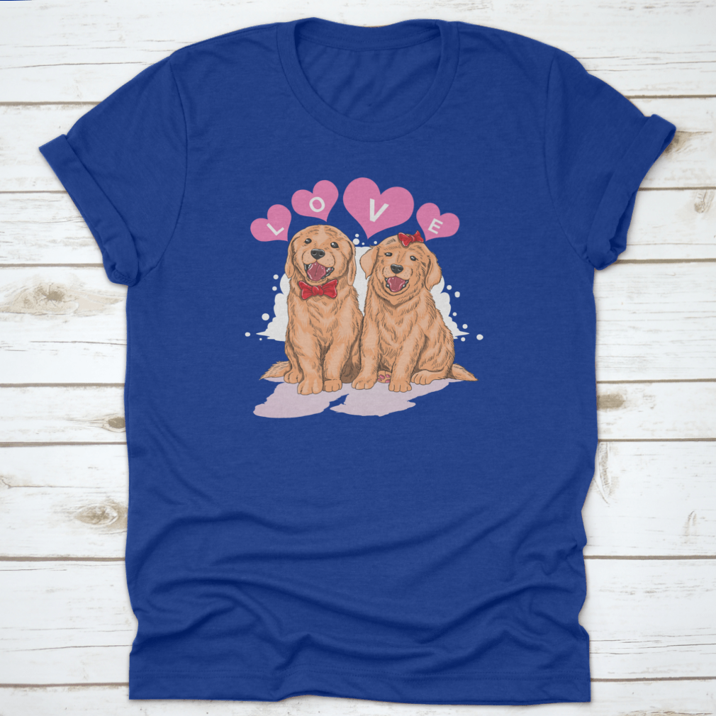 A cute shirt featuring a Golden Retriever design surrounded by hearts and the word 'Love', perfect for dog lovers.