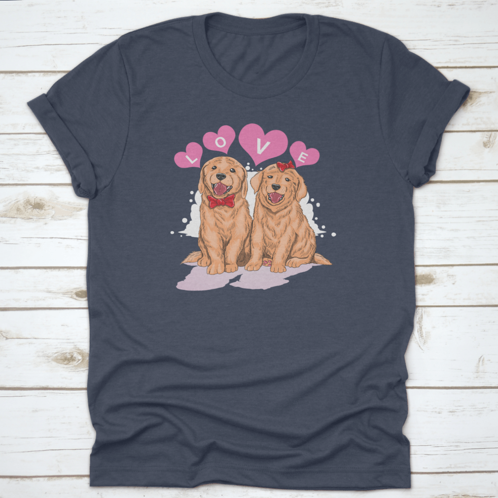 A cute shirt featuring a Golden Retriever design surrounded by hearts and the word 'Love', perfect for dog lovers.