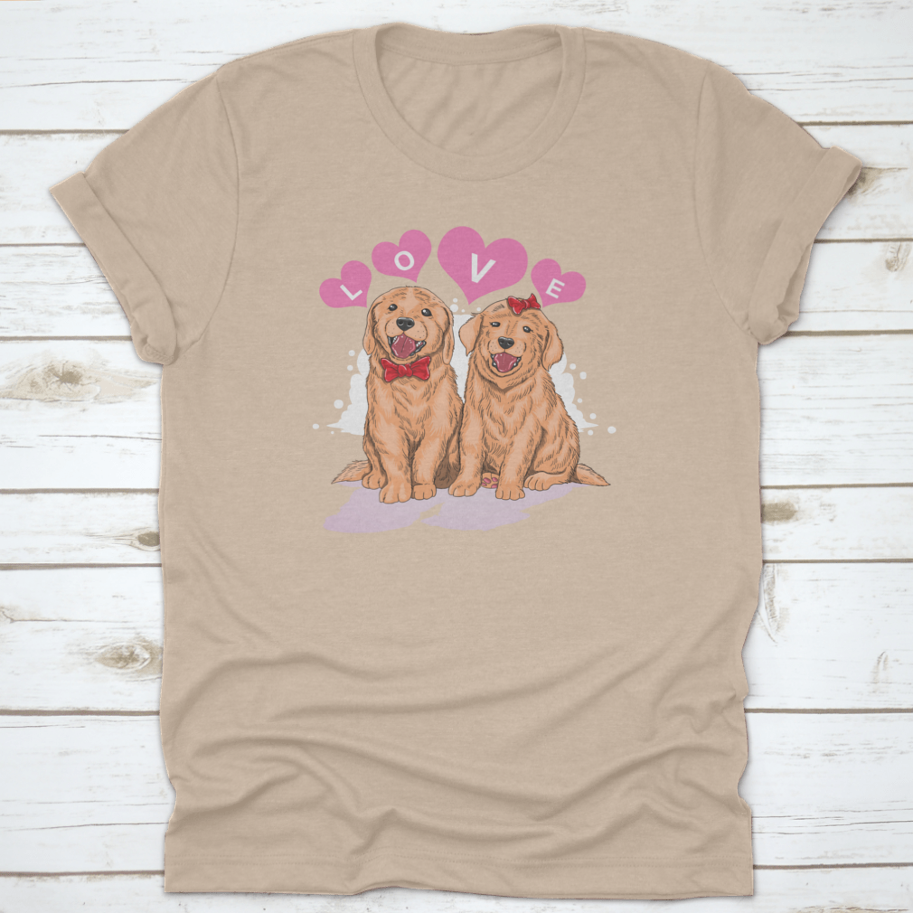 A cute shirt featuring a Golden Retriever design surrounded by hearts and the word 'Love', perfect for dog lovers.