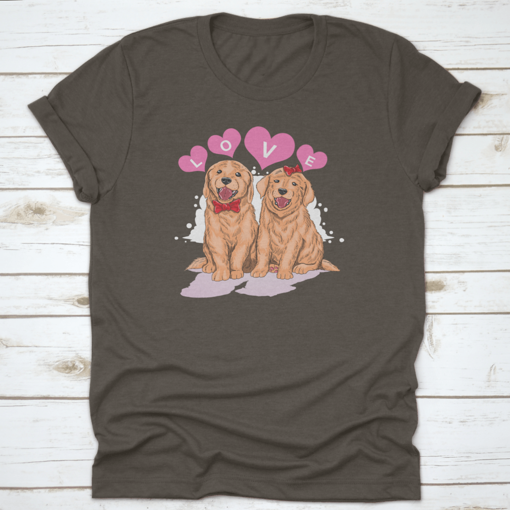 A cute shirt featuring a Golden Retriever design surrounded by hearts and the word 'Love', perfect for dog lovers.