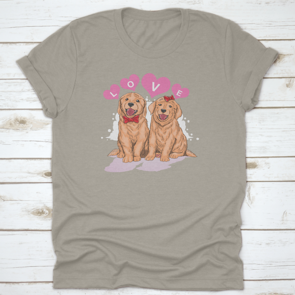 A cute shirt featuring a Golden Retriever design surrounded by hearts and the word 'Love', perfect for dog lovers.