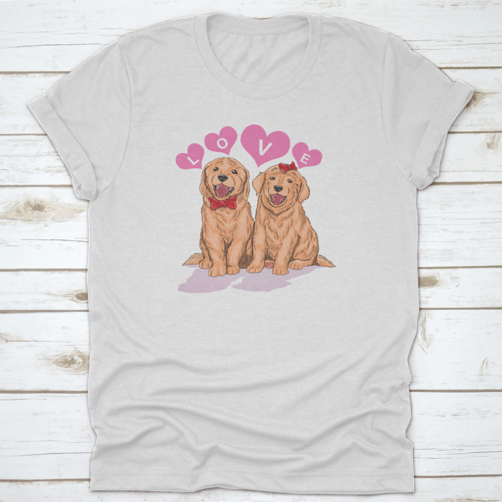 A cute shirt featuring a Golden Retriever design surrounded by hearts and the word 'Love', perfect for dog lovers.