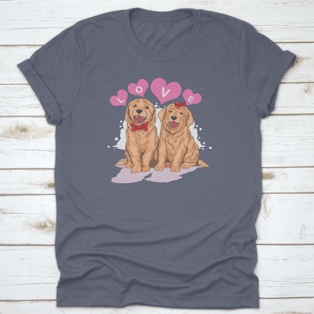 A cute shirt featuring a Golden Retriever design surrounded by hearts and the word 'Love', perfect for dog lovers.
