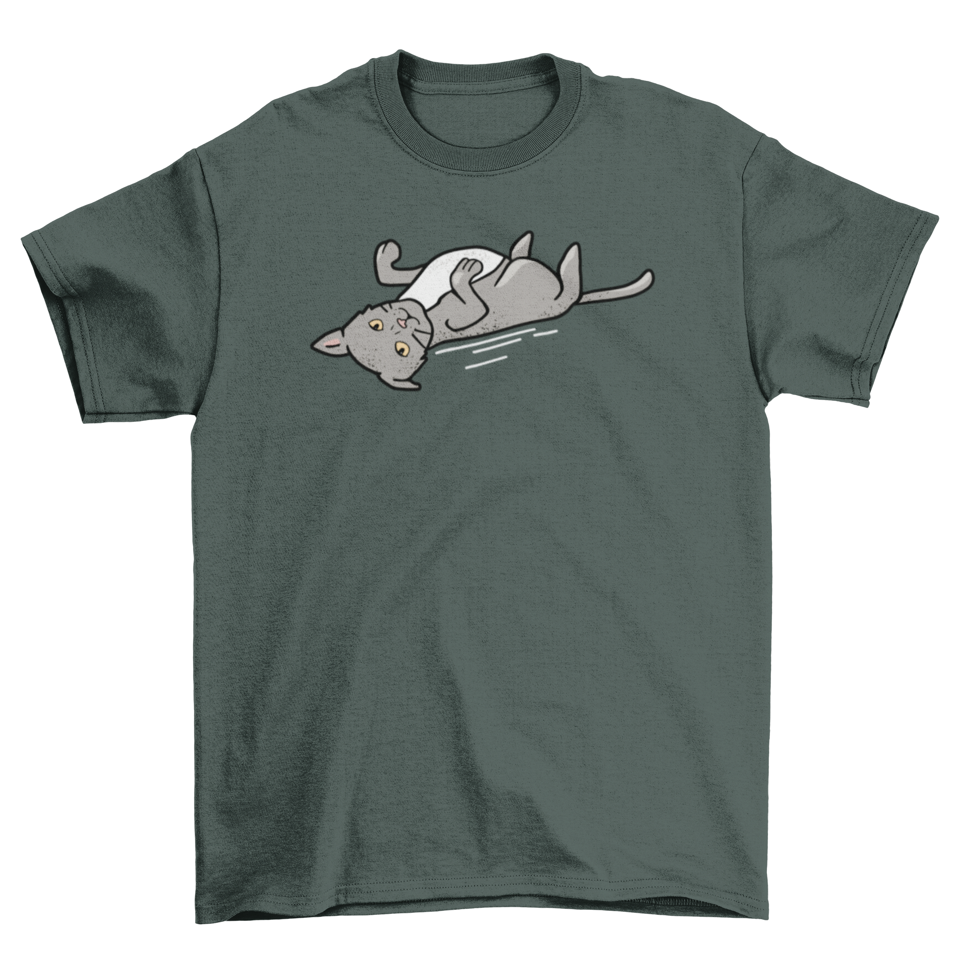 Cute gray cat t-shirt featuring a playful gray kitten illustration lying on its back.