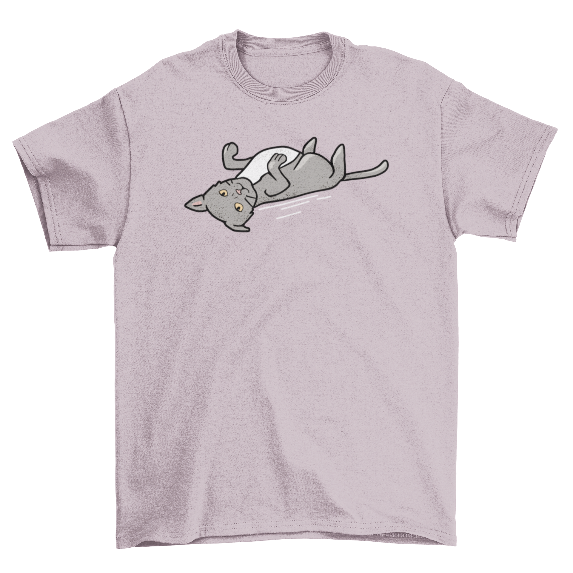 Cute gray cat t-shirt featuring a playful gray kitten illustration lying on its back.