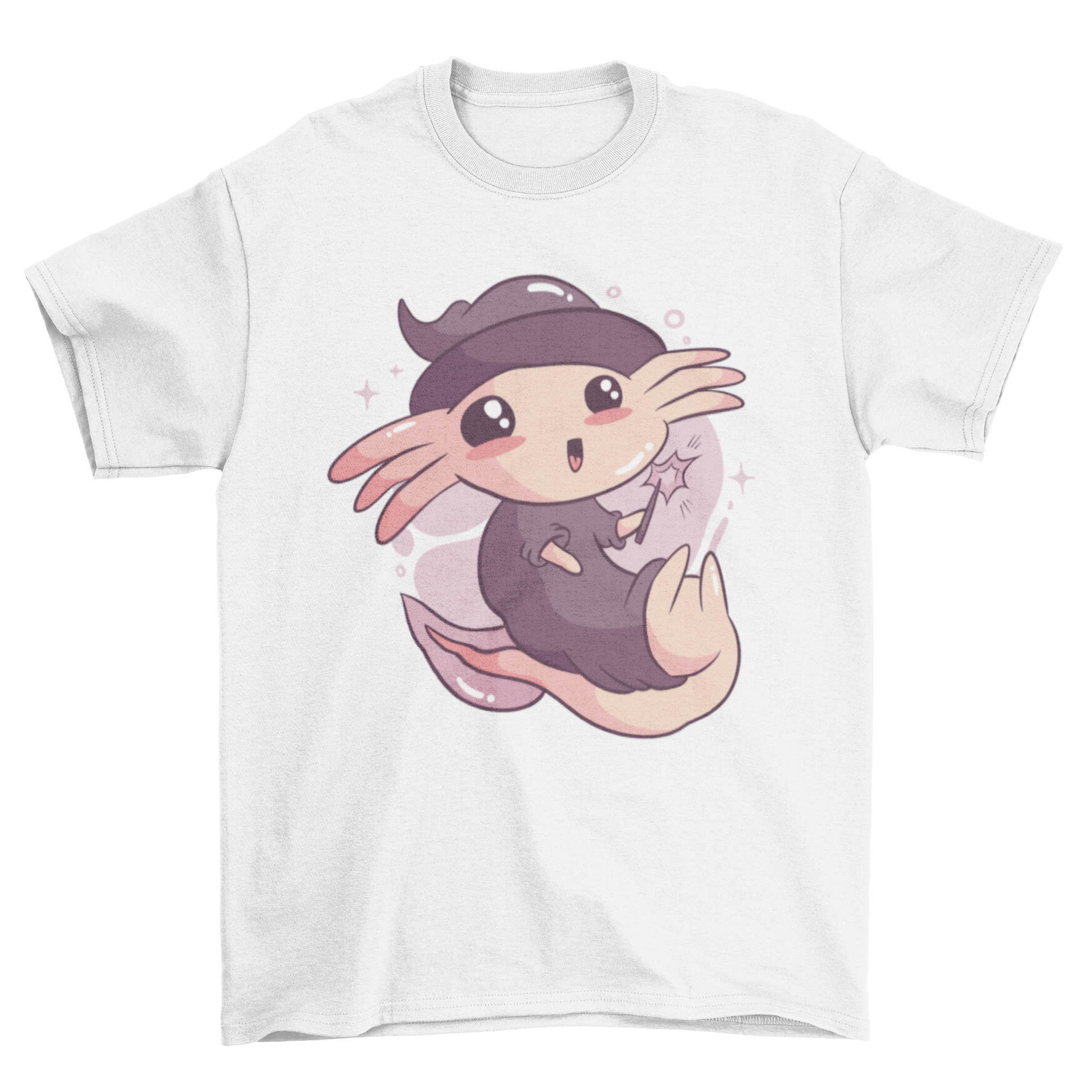 Cute Halloween axolotl t-shirt featuring an axolotl in a wizard costume with a pointed hat and magical accessories.