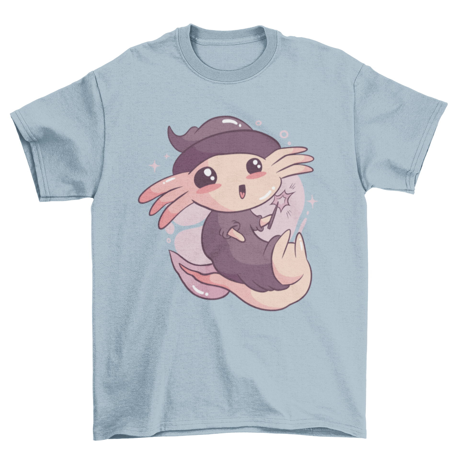 Cute Halloween axolotl t-shirt featuring an axolotl in a wizard costume with a pointed hat and magical accessories.