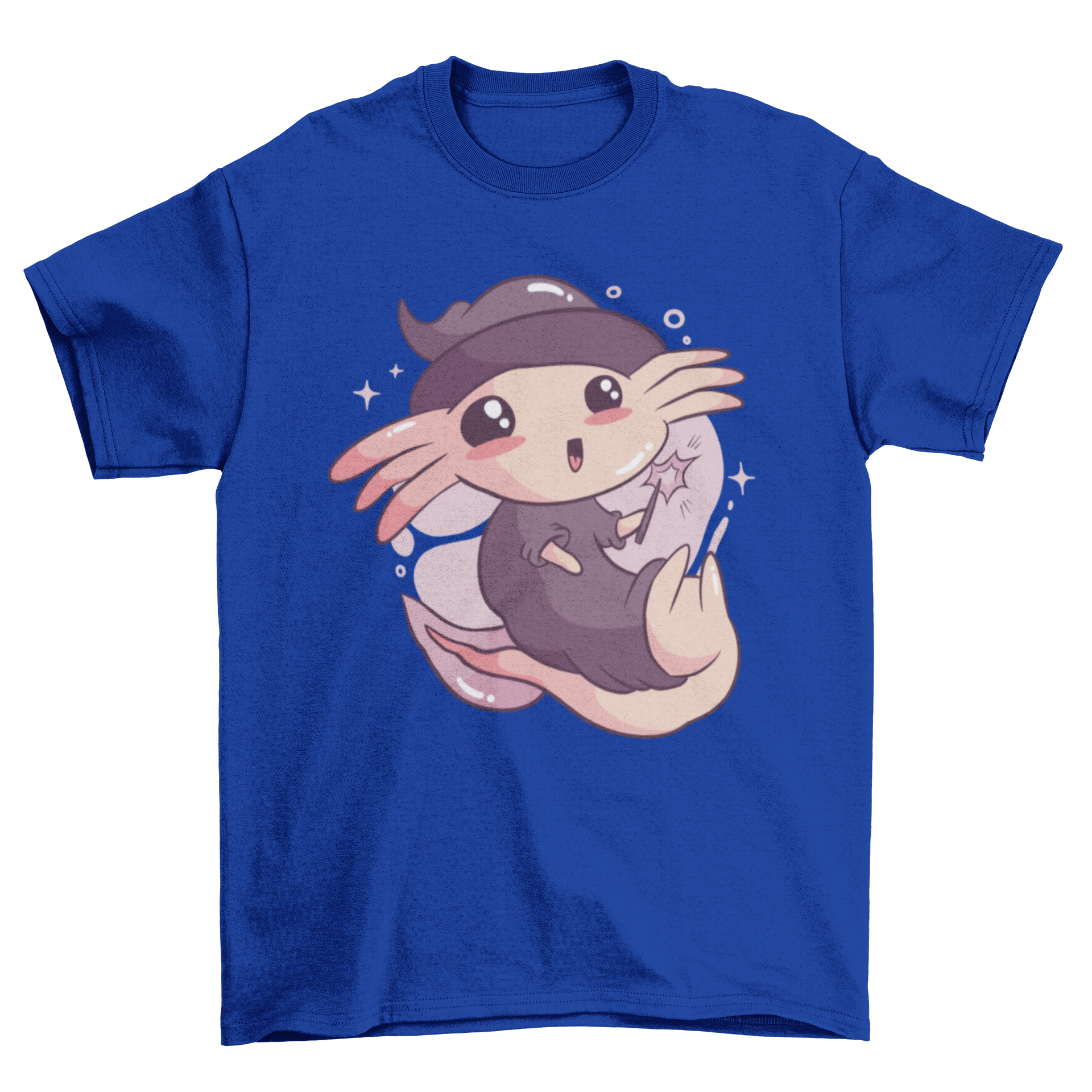 Cute Halloween axolotl t-shirt featuring an axolotl in a wizard costume with a pointed hat and magical accessories.