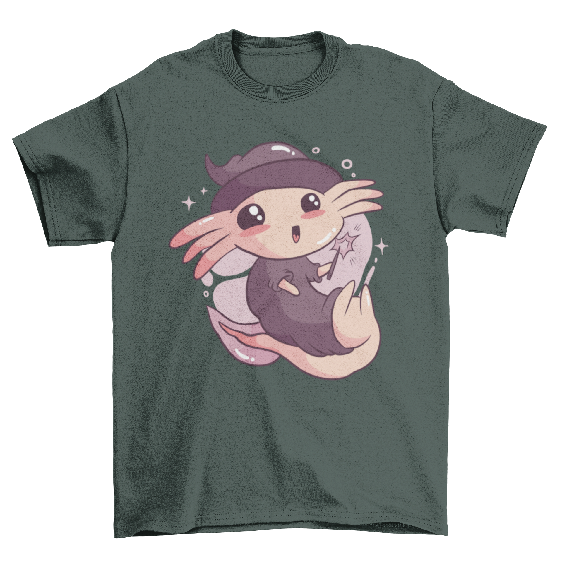 Cute Halloween axolotl t-shirt featuring an axolotl in a wizard costume with a pointed hat and magical accessories.