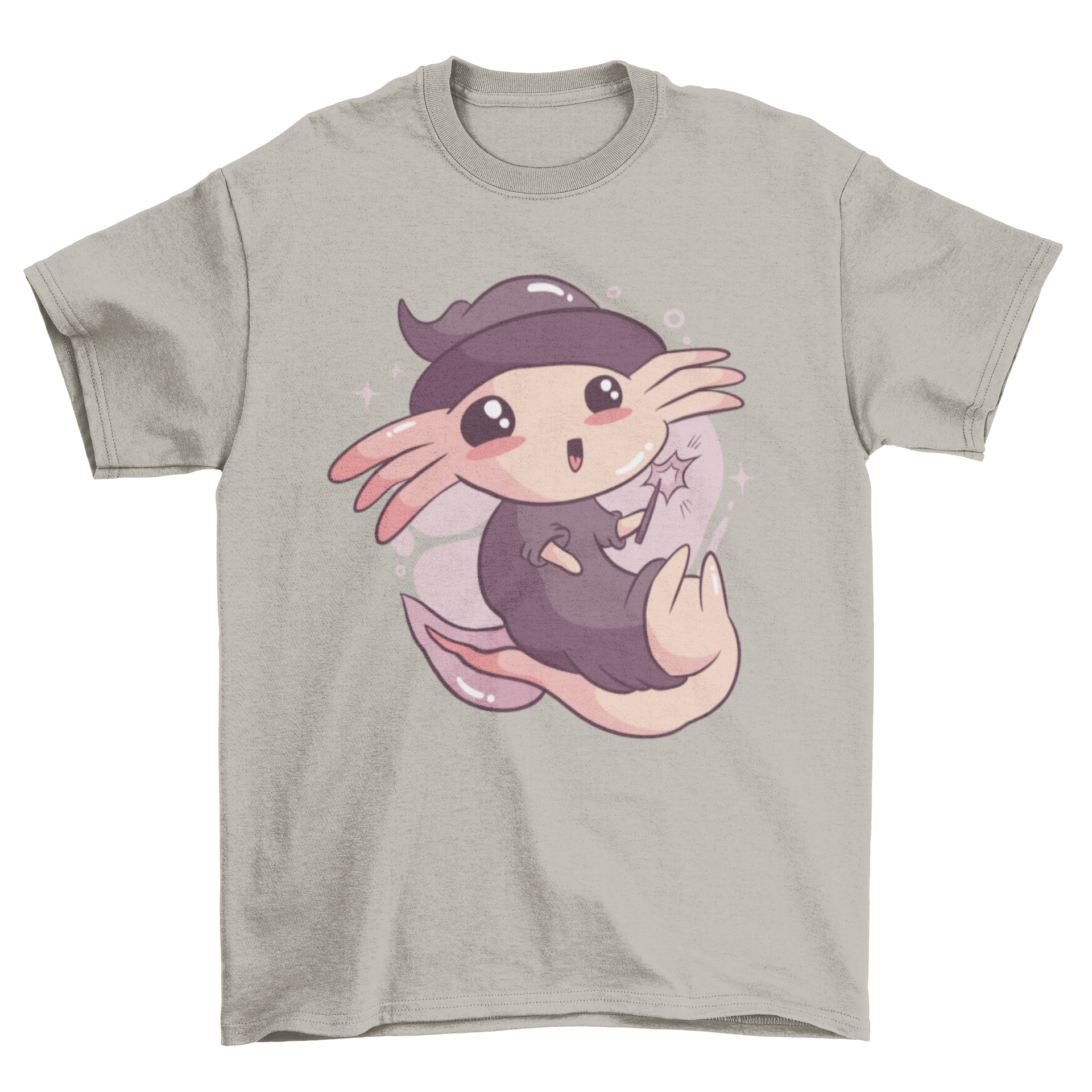 Cute Halloween axolotl t-shirt featuring an axolotl in a wizard costume with a pointed hat and magical accessories.