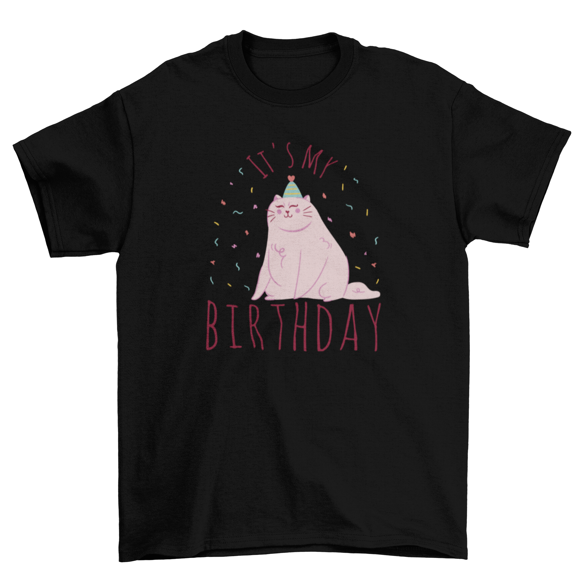 Cute t-shirt featuring a happy cat and the quote 'It's my birthday', perfect for birthday celebrations.