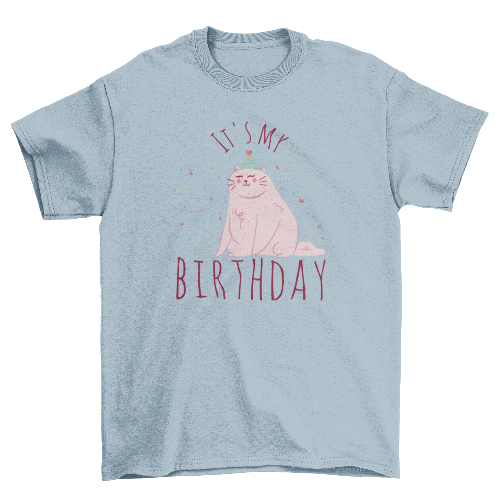 Cute t-shirt featuring a happy cat and the quote 'It's my birthday', perfect for birthday celebrations.