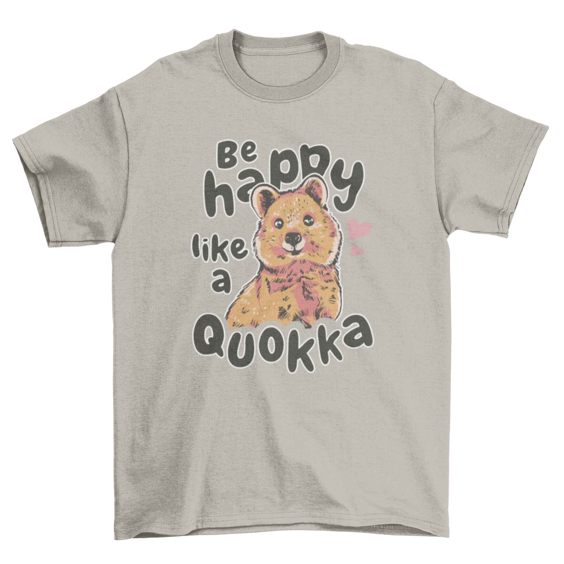 Cute happy quokka t-shirt design featuring an adorable quokka and the quote 'Be happy like a quokka'.
