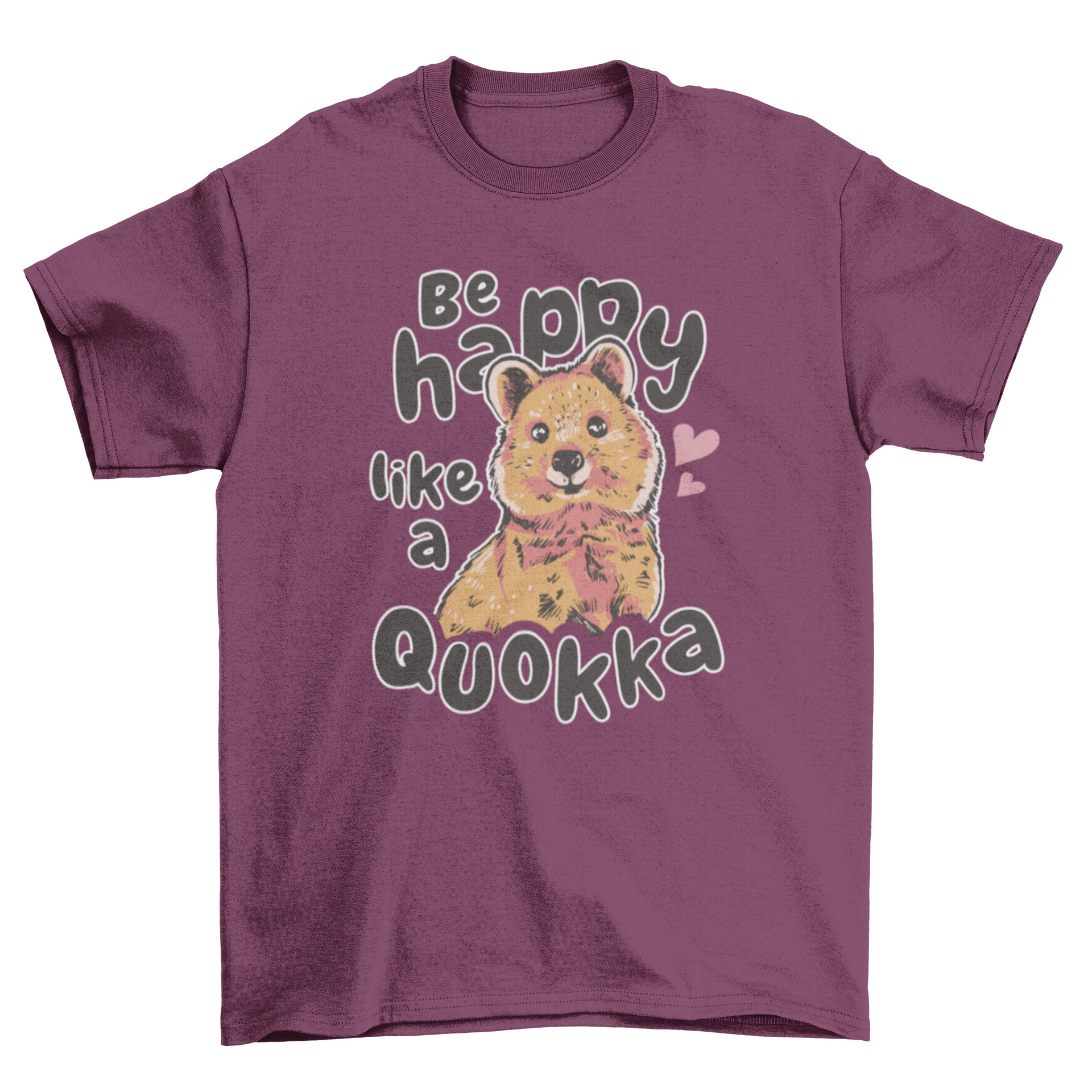 Cute happy quokka t-shirt design featuring an adorable quokka and the quote 'Be happy like a quokka'.