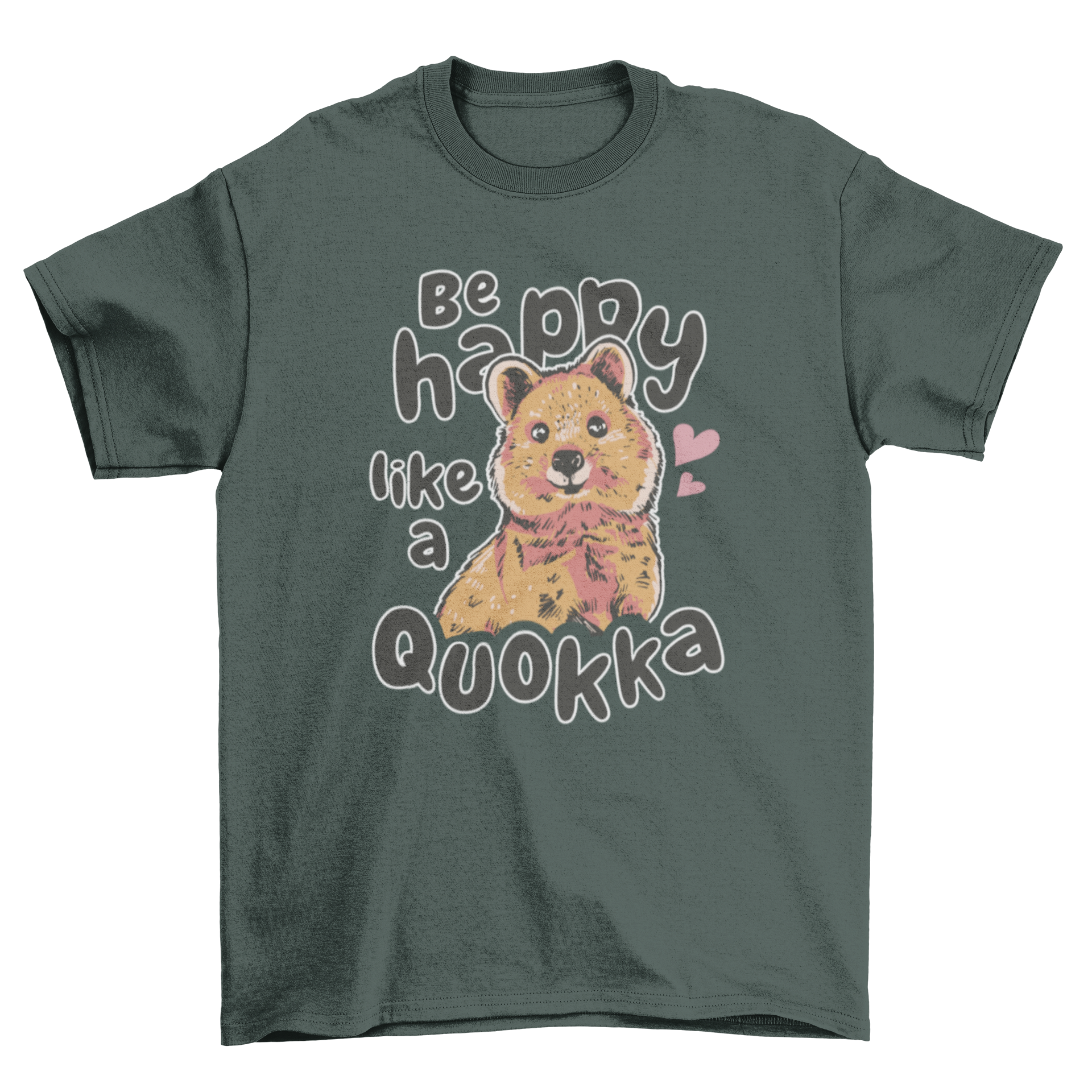 Cute happy quokka t-shirt design featuring an adorable quokka and the quote 'Be happy like a quokka'.