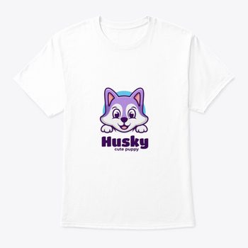 Cute Husky puppy illustration on a soft cotton t-shirt, perfect for dog lovers.