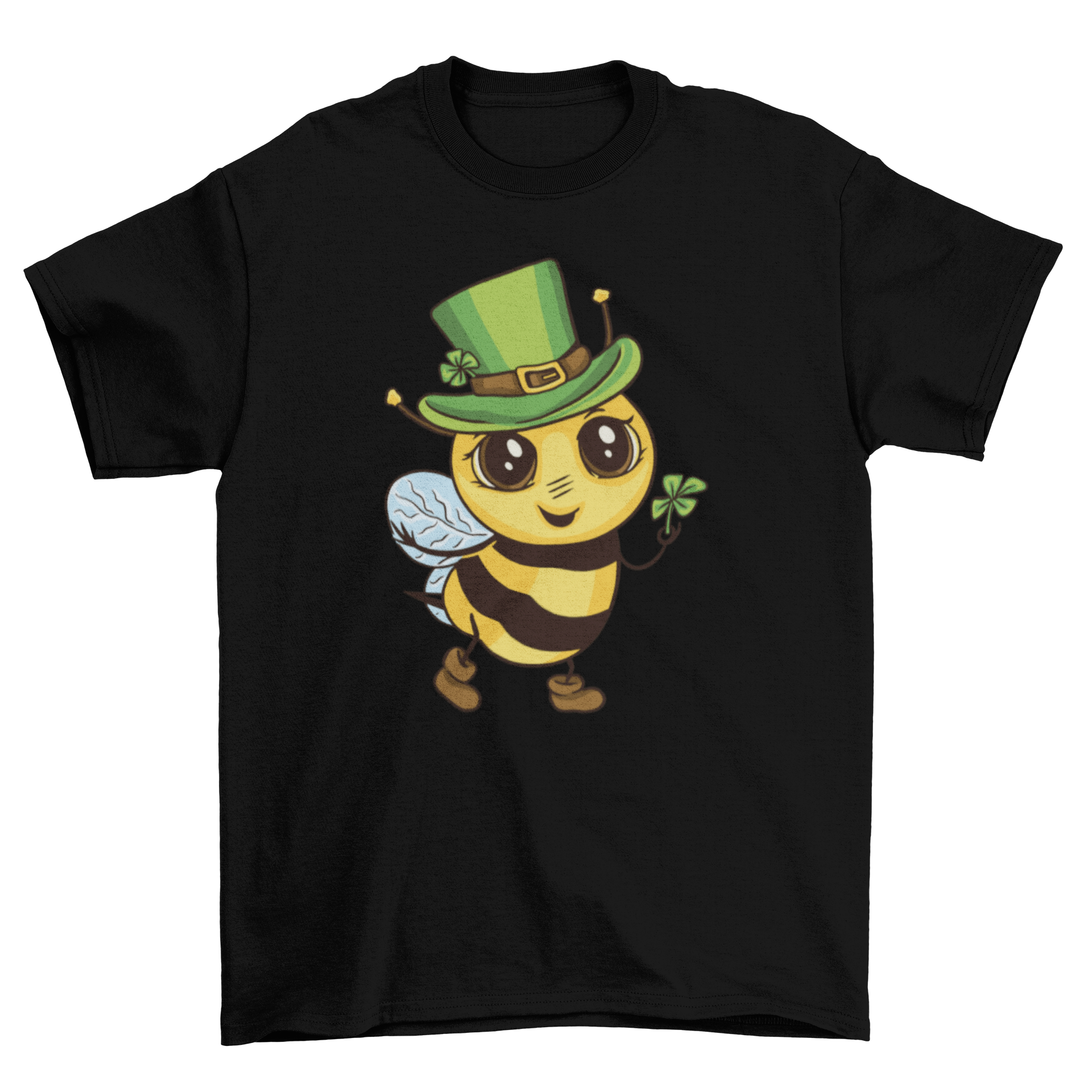 Cute Irish bee t-shirt featuring a baby bee in a leprechaun hat holding a four-leaf clover, perfect for St. Patrick's Day.