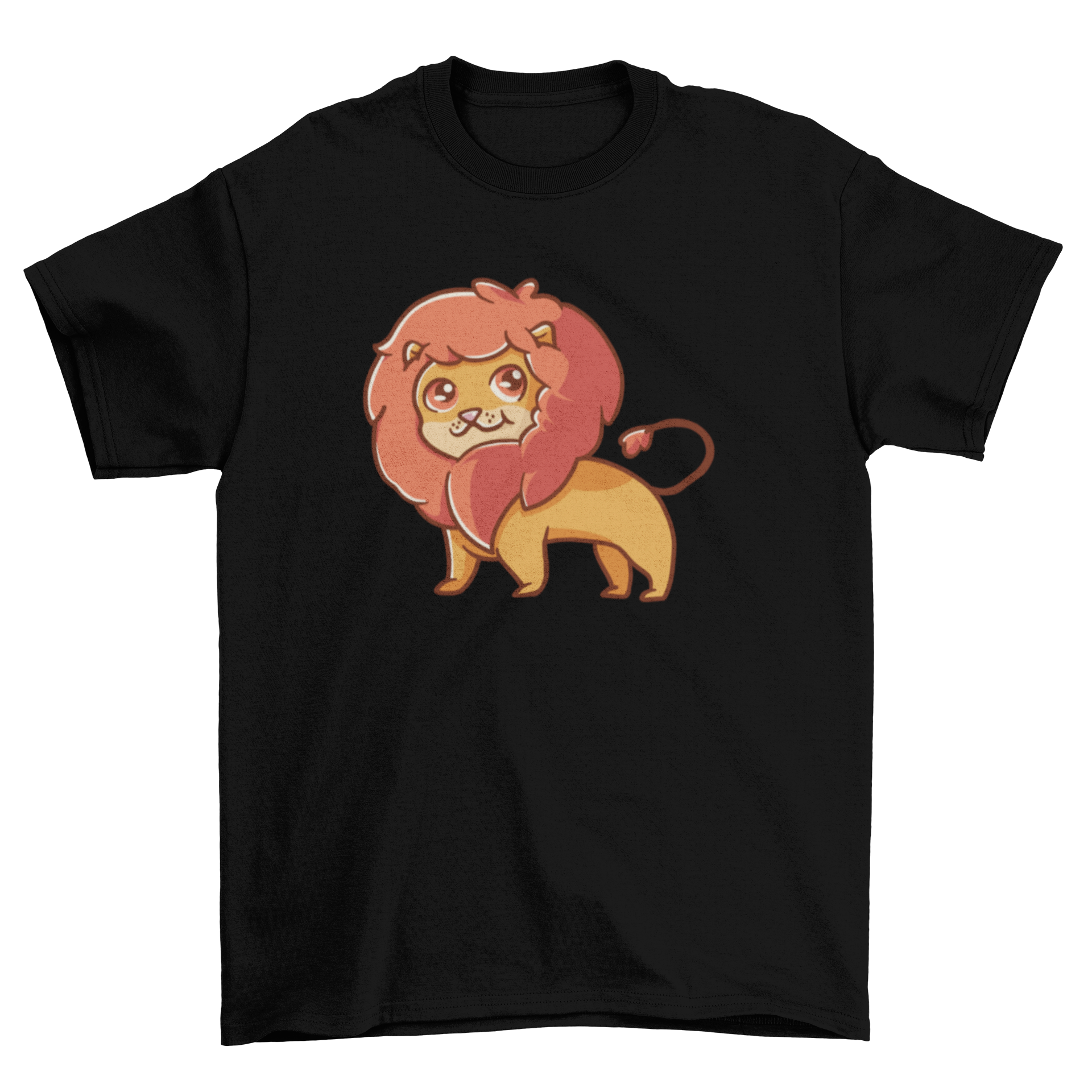 A cute lion graphic printed on a soft t-shirt, showcasing a playful design perfect for animal lovers.