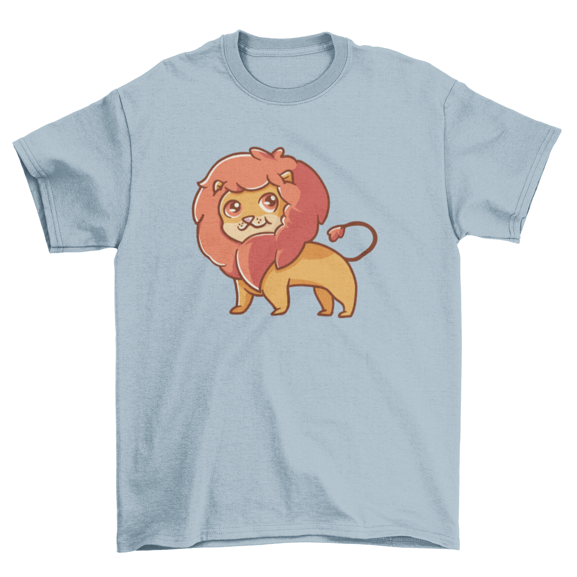 A cute lion graphic printed on a soft t-shirt, showcasing a playful design perfect for animal lovers.