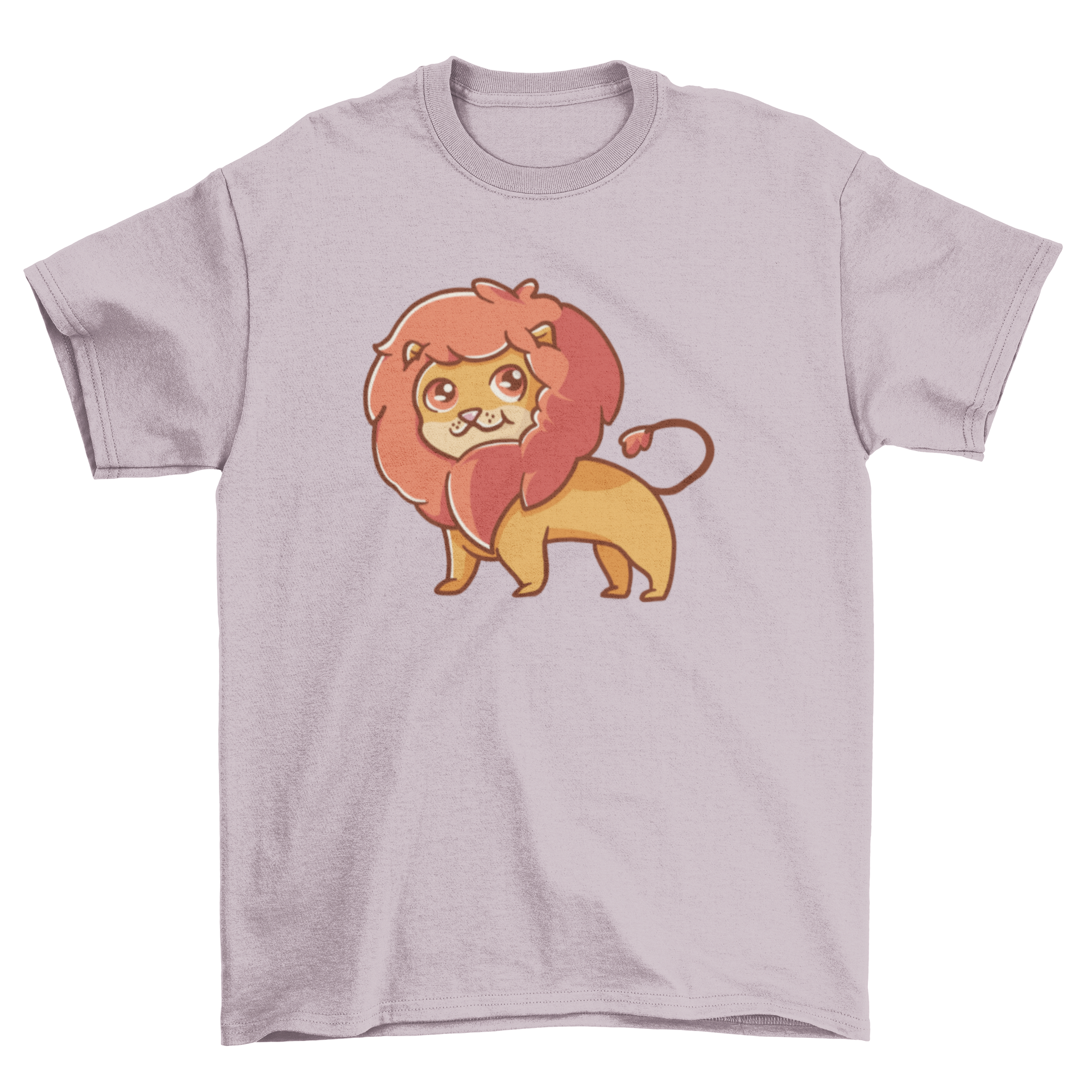 A cute lion graphic printed on a soft t-shirt, showcasing a playful design perfect for animal lovers.