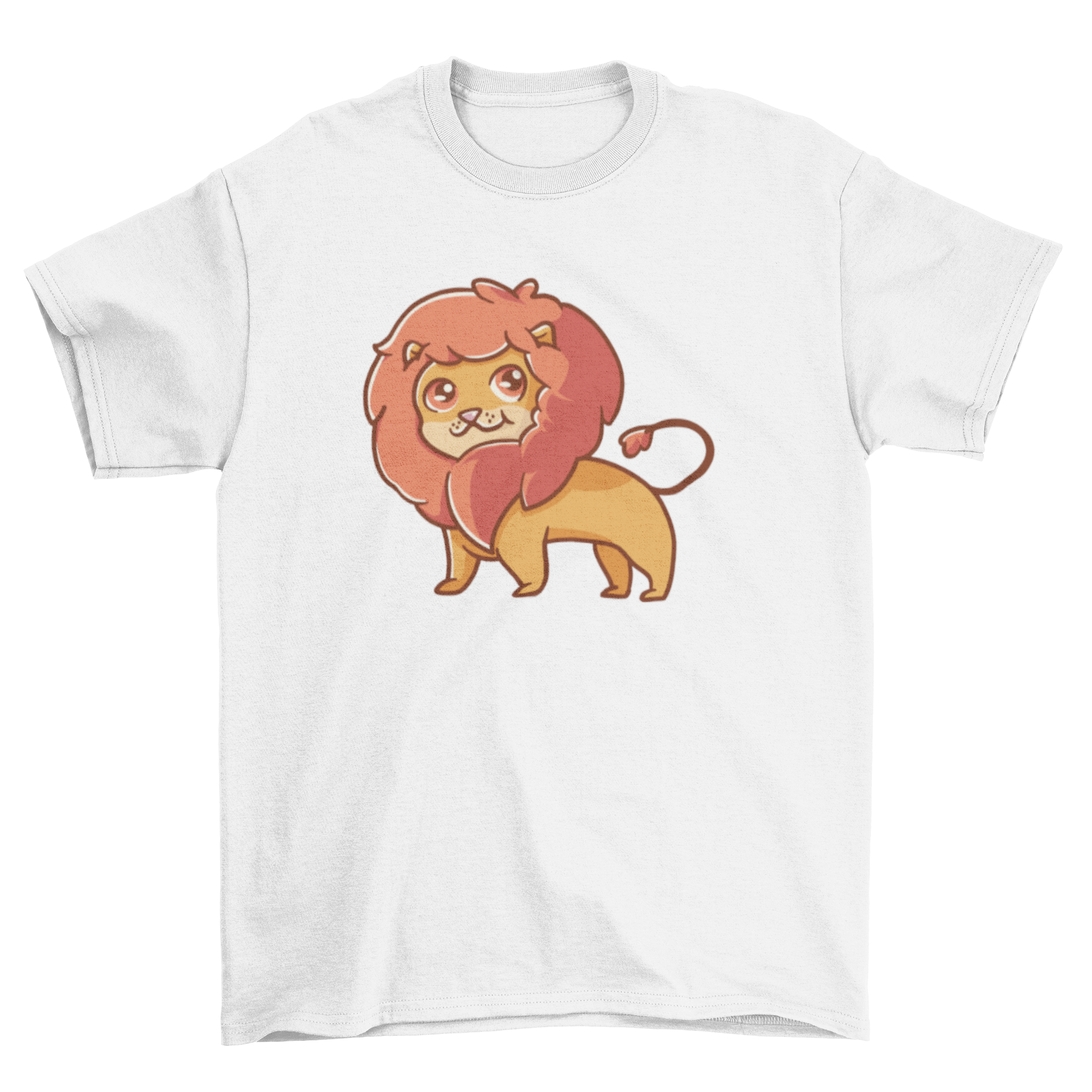 A cute lion graphic printed on a soft t-shirt, showcasing a playful design perfect for animal lovers.