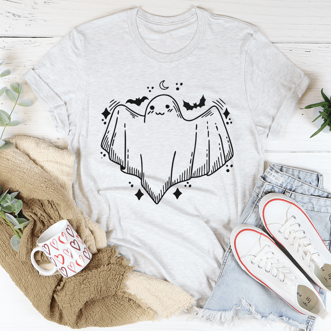 A cute little ghost graphic on a soft cotton Halloween tee, perfect for festive celebrations.